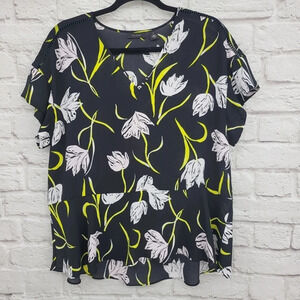Halogen Women's Black Neon Yellow/White Floral Short Sleeve Ruffle Hem Top Sz M